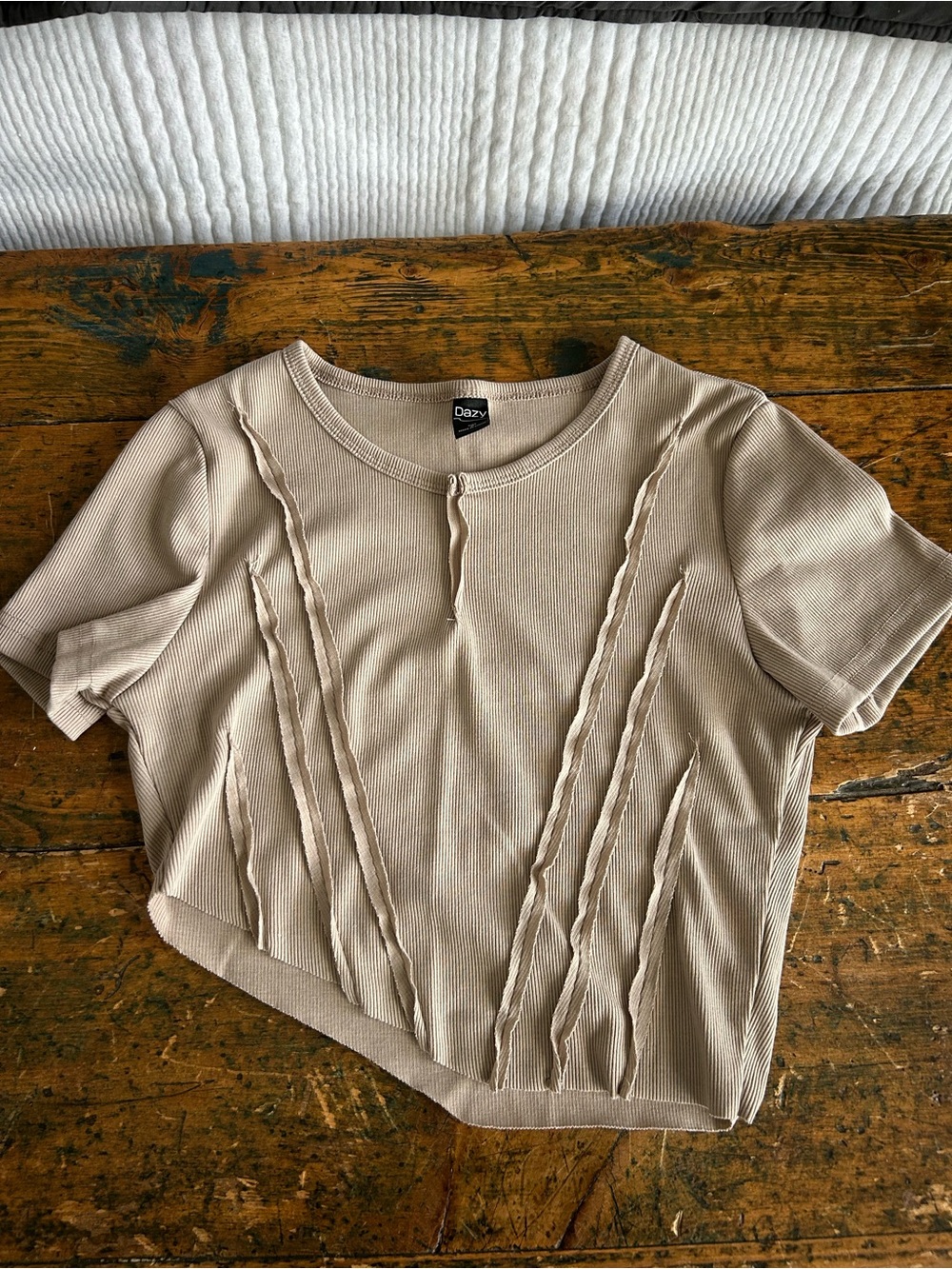 Dazy Asymmetrical Neutral Ribbed Crop Top with Raw-Edge Pleats